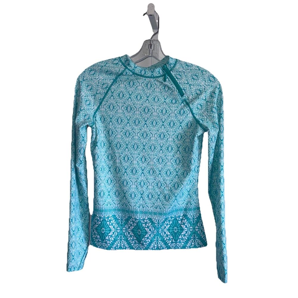 Cabana Life Turquoise Blue Print Zipper Rashguard Swim Top Size Small
